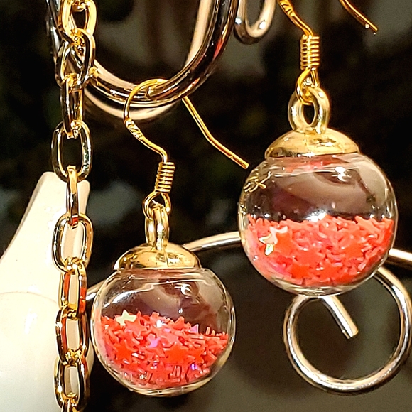 Glass ball pendant earrings with red sparkle stars. 3 pair available. - Picture 2 of 3